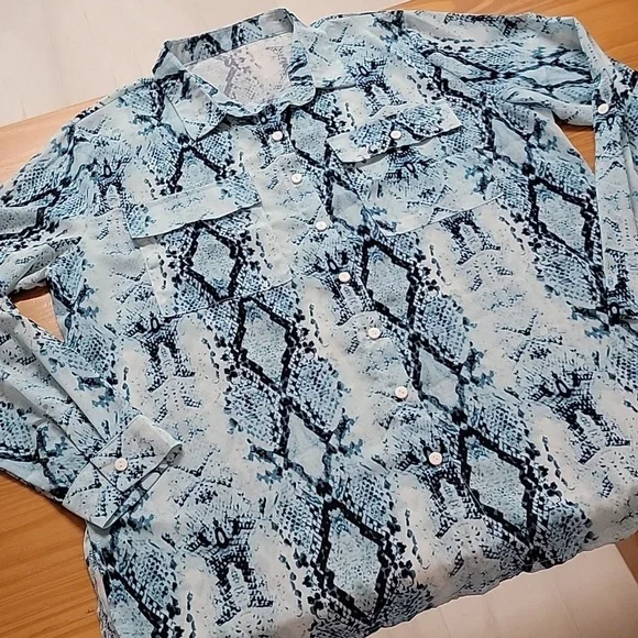 L'ASHER Button Down Snake Print 3/4 Tab Sleeve Blouse, Tops Shirts, XL - Picture 2 of 9